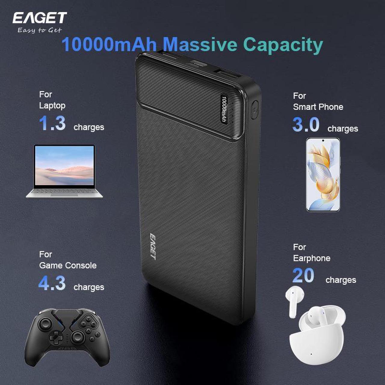 Alt view image 6 of 7 - EAGET EP02 10000mAh Dual USB Portable Charger, USB-C Fast Charging Power Bank, Slim Backup Charger Battery Pack Compatible with iPhone 16/15/14/13 Galaxy S24/22 Google iPad Android, Black