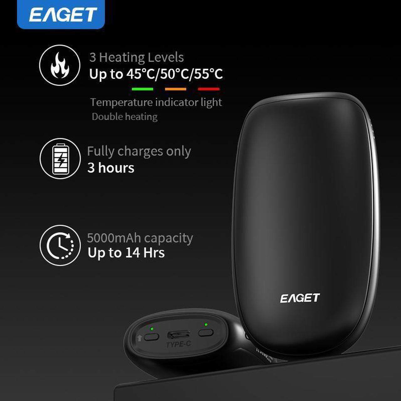 Alt view image 4 of 7 - EAGET EP03 Hand Warmers Rechargeable, 5000mAh Electric Hand Warmer Dual-Sided Heating 14Hrs Warmth 3 Heating Level USB-C Portable Pocket Heater for Raynauds, Hunting, Golf, Camping