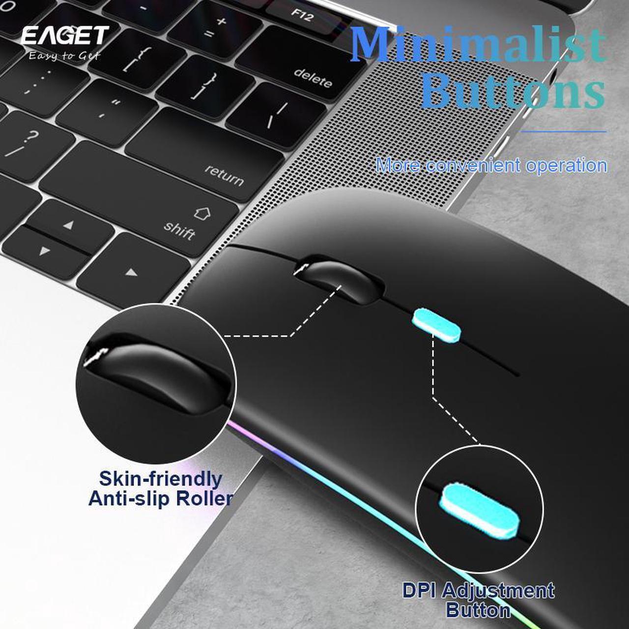 Alt view image 4 of 7 - EAGET Wireless Bluetooth Mouse, Dual Mode Connectivity (Bluetooth 5.0 & 2.4G USB) Computer Mouse, Sleek, Portable, Compact Design in 6 Colors for iPad, Laptop & PC Use ( Grey)