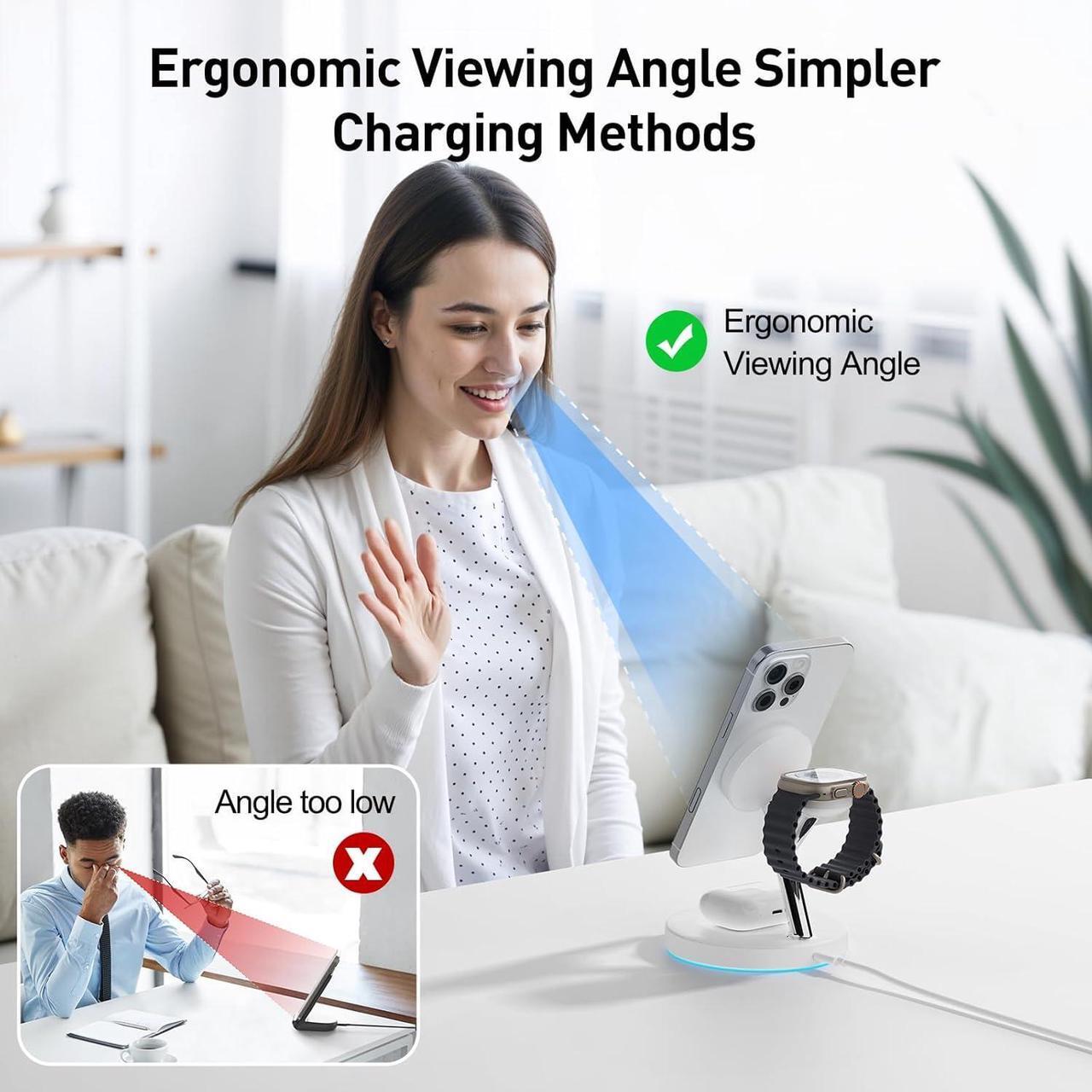 Alt view image 2 of 7 - 2025 3 in 1 Charging Station Compatible with Magsafe Charger Wireless Charger Stand for iPhone 16 15 14 13 12 Series Wireless Charging Station for AirPods Wireless Charging Stand for iWatch Series