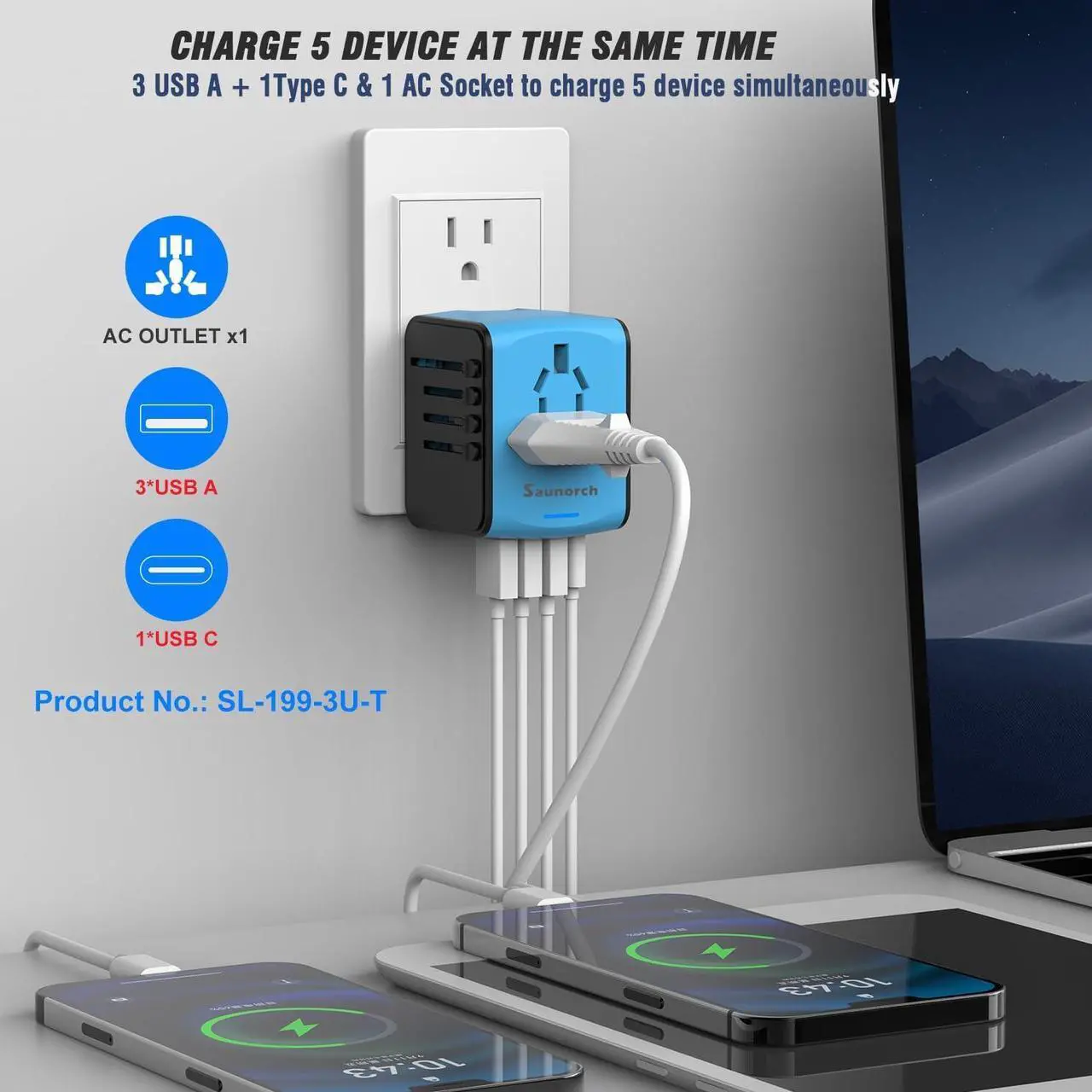 Alt view image 2 of 7 - Travel Adapter Worldwide, Universal International Power Plug Adapter W/2.4A 3xUSB-A and 3.0A Type-C Wall Charger, European Travel Plug Adapter for Europe UK EU US CA AU Italy Asia-Blue