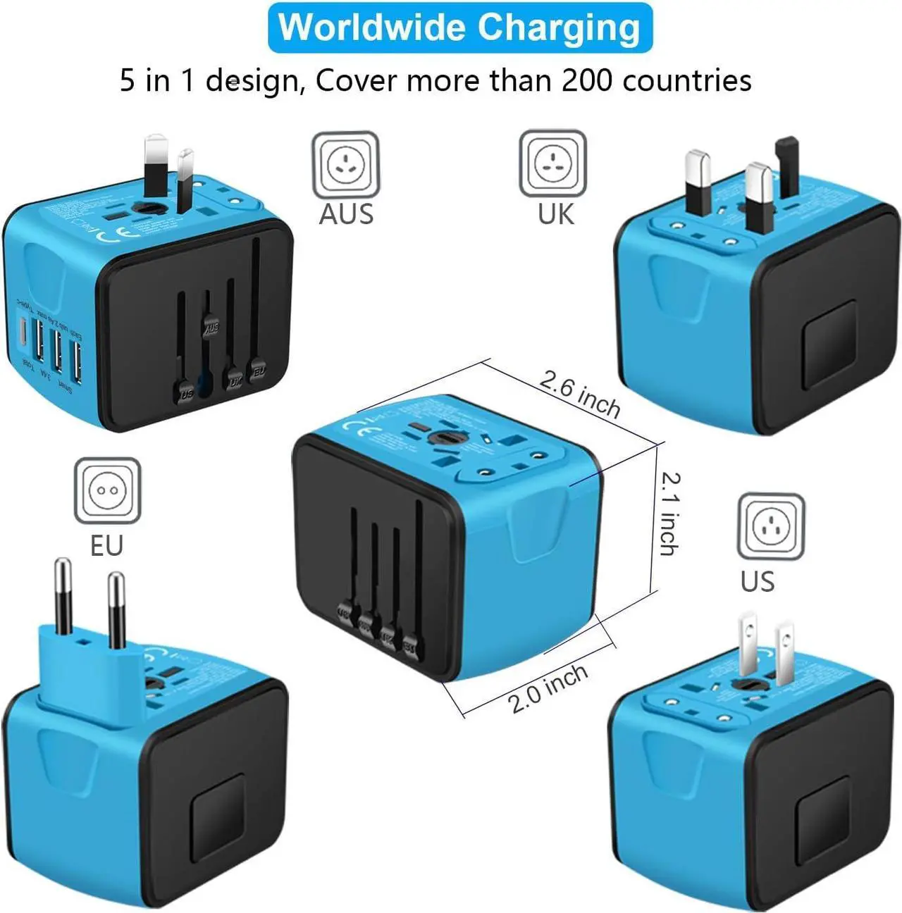 Alt view image 3 of 7 - Travel Adapter Worldwide, Universal International Power Plug Adapter W/2.4A 3xUSB-A and 3.0A Type-C Wall Charger, European Travel Plug Adapter for Europe UK EU US CA AU Italy Asia-Blue