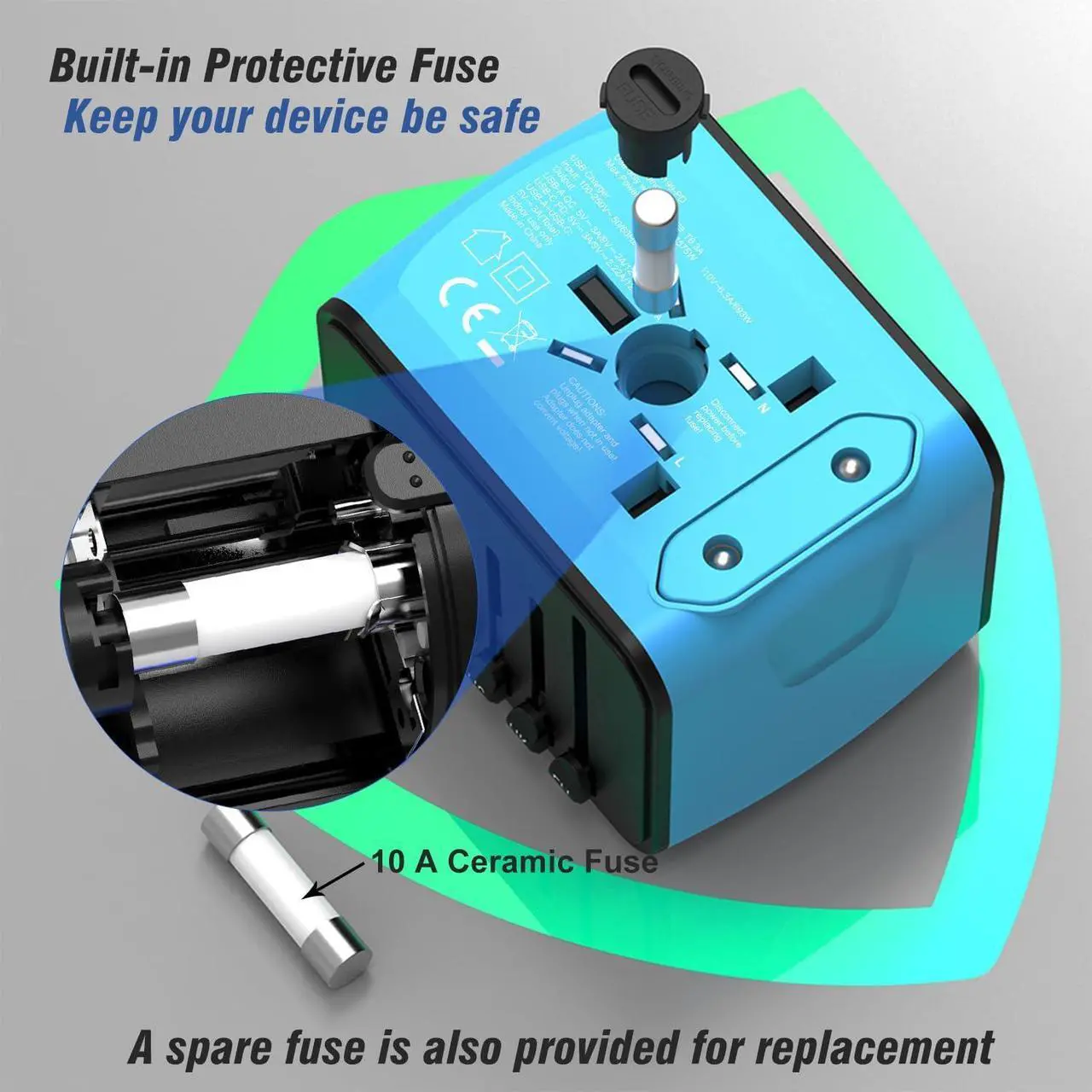 Alt view image 4 of 7 - Travel Adapter Worldwide, Universal International Power Plug Adapter W/2.4A 3xUSB-A and 3.0A Type-C Wall Charger, European Travel Plug Adapter for Europe UK EU US CA AU Italy Asia-Blue
