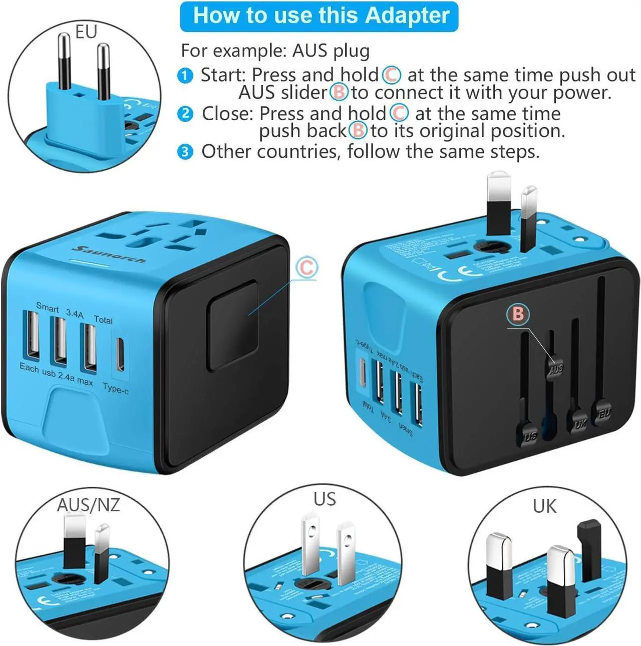 Alt view image 5 of 7 - Travel Adapter Worldwide, Universal International Power Plug Adapter W/2.4A 3xUSB-A and 3.0A Type-C Wall Charger, European Travel Plug Adapter for Europe UK EU US CA AU Italy Asia-Blue
