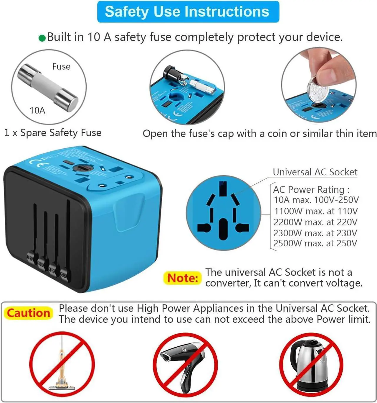 Alt view image 6 of 7 - Travel Adapter Worldwide, Universal International Power Plug Adapter W/2.4A 3xUSB-A and 3.0A Type-C Wall Charger, European Travel Plug Adapter for Europe UK EU US CA AU Italy Asia-Blue