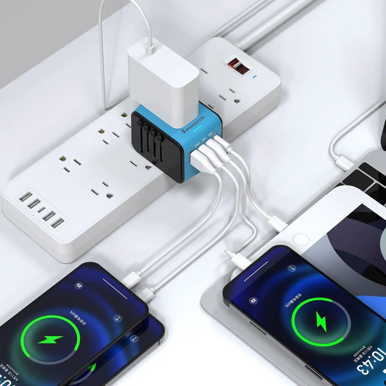 Alt view image 7 of 7 - Travel Adapter Worldwide, Universal International Power Plug Adapter W/2.4A 3xUSB-A and 3.0A Type-C Wall Charger, European Travel Plug Adapter for Europe UK EU US CA AU Italy Asia-Blue