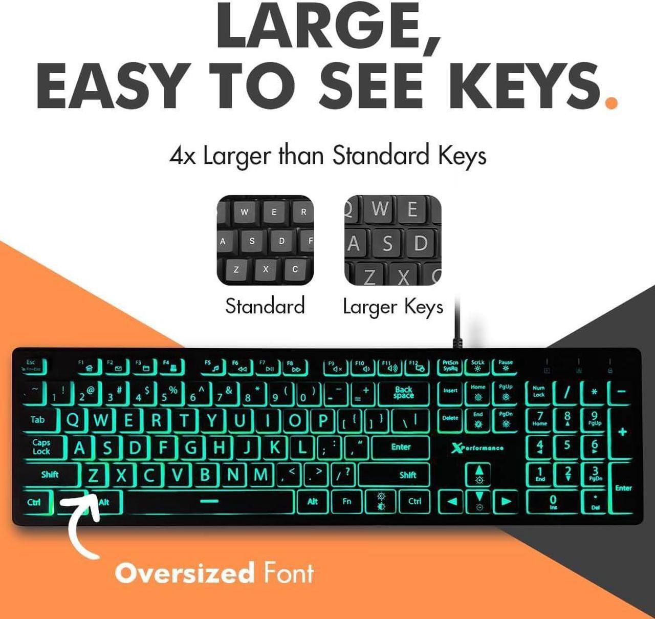Alt view image 2 of 7 - Large Print Backlit Keyboard Wired  Easy-to-See Light Up Keys for Seniors, Elderly, and Kids  USB Illuminated Keyboard with 7 Backlight Colors, Oversized Letters for Effortless Typing