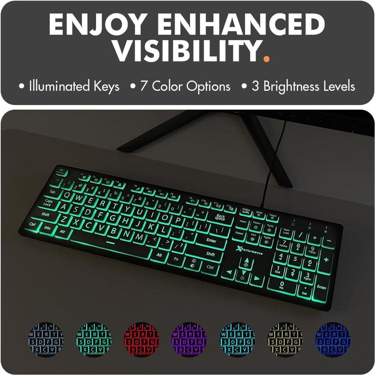 Alt view image 4 of 7 - Large Print Backlit Keyboard Wired  Easy-to-See Light Up Keys for Seniors, Elderly, and Kids  USB Illuminated Keyboard with 7 Backlight Colors, Oversized Letters for Effortless Typing