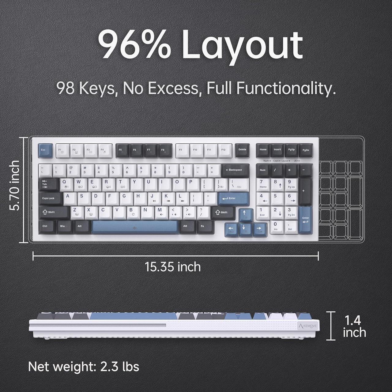 Alt view image 2 of 6 - KEMOVE K98SE Mechanical Gaming Keyboard, 98 Keys LED Backlit Programmable, 96% Wired Computer Keyboard with Double Sound Dampening Foam, Pre-lubed Red Switch
