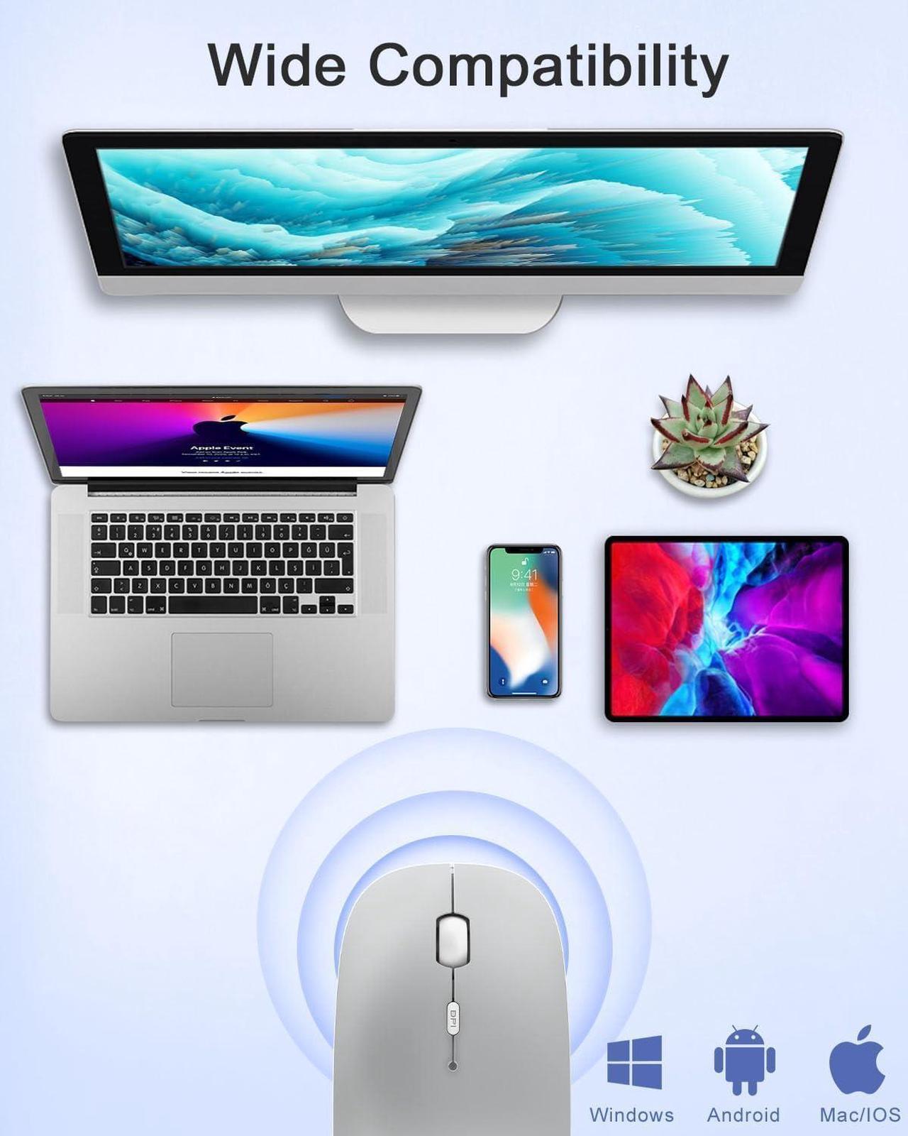 Alt view image 6 of 6 - Bluetooth Mouse, Rechargeable Wireless Mouse Compatible with Macbook Air/Pro/Mac/iPad/Laptop/Tablet/Notebook/PC/Desktop, Slim Portable USB Mice for Windows/Linux/Android/(iOS 13.1.2 and Above), Sliver