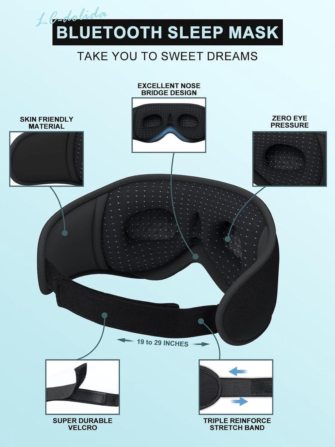 Alt view image 6 of 7 - LC-dolida Sleep Headphones, 3D Sleep Mask Bluetooth Wireless Music Eye Mask, Sleeping Headphones for Side Sleepers Sleep Mask with Bluetooth Headphones Ultra-Thin Stereo Speakers Perfect for Sleeping