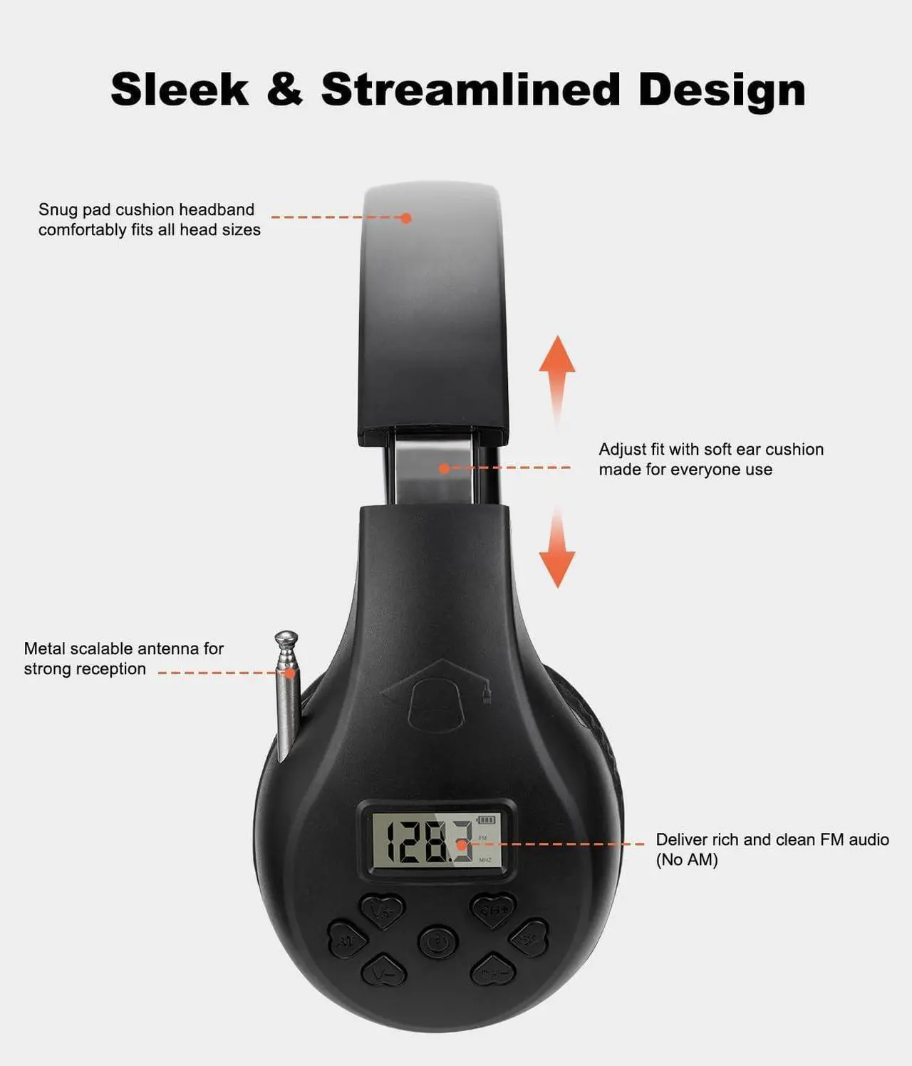 Alt view image 5 of 7 - Portable Personal FM Radio Headphones with Best Reception, Walkman Wireless Headset FM Radio Ear Muffs for Walking, Jogging Powered by 2 AA Batteries(Not Included) -Black