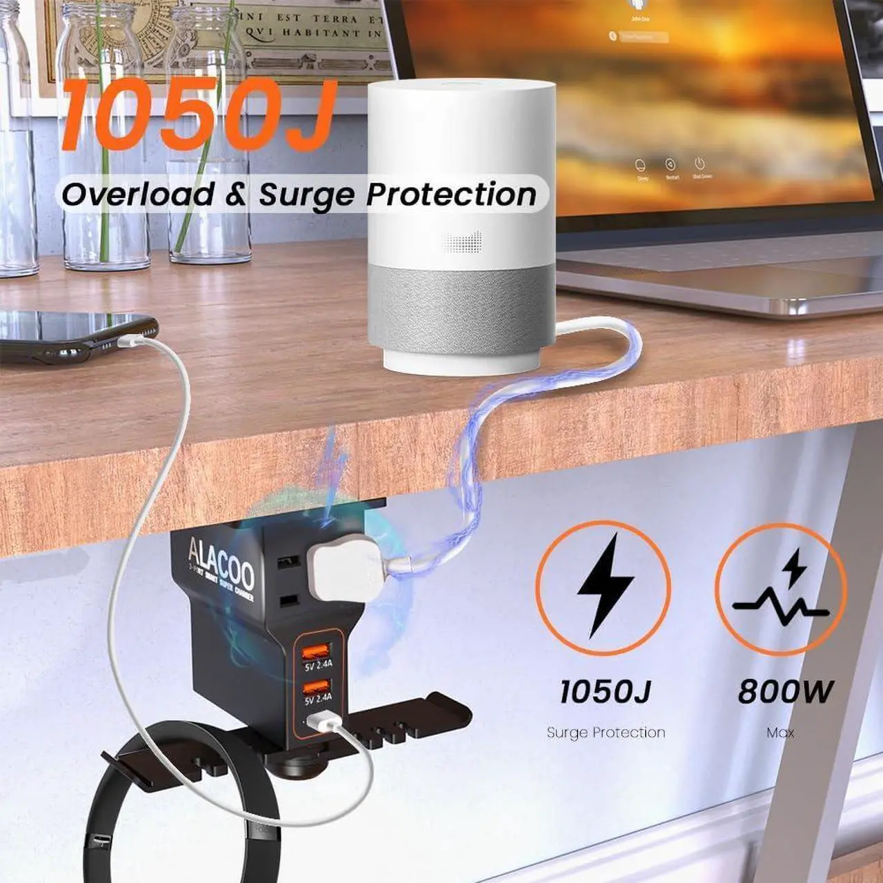 Alt view image 3 of 7 - Headset Holder for Desk, Dual Headphone Stand, PC Gaming Headphones Hanger Hook Under Desk with (QC3.0) 3 USB Charging Station & 2 AC Outlet(800W) for All Earphone Accessories Gamer Gift