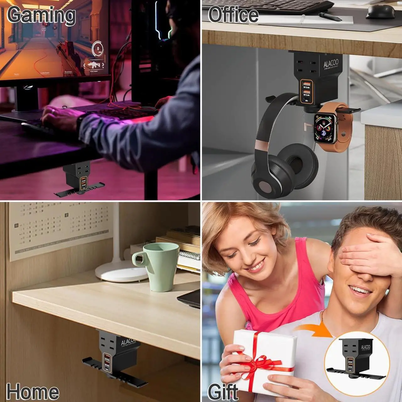 Alt view image 7 of 7 - Headset Holder for Desk, Dual Headphone Stand, PC Gaming Headphones Hanger Hook Under Desk with (QC3.0) 3 USB Charging Station & 2 AC Outlet(800W) for All Earphone Accessories Gamer Gift