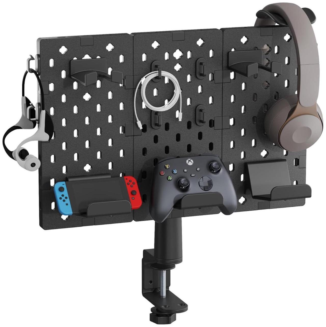 Main image of PEGZONE Modular Headphone and Controller Holder for Game, Clamp-on Pegboard, Rotatable Controller Stand with Cable Hooks, Gaming Accessory for Xbox PS5 PS4 Nintendo Switch, 3Pcs Pegboard, Black