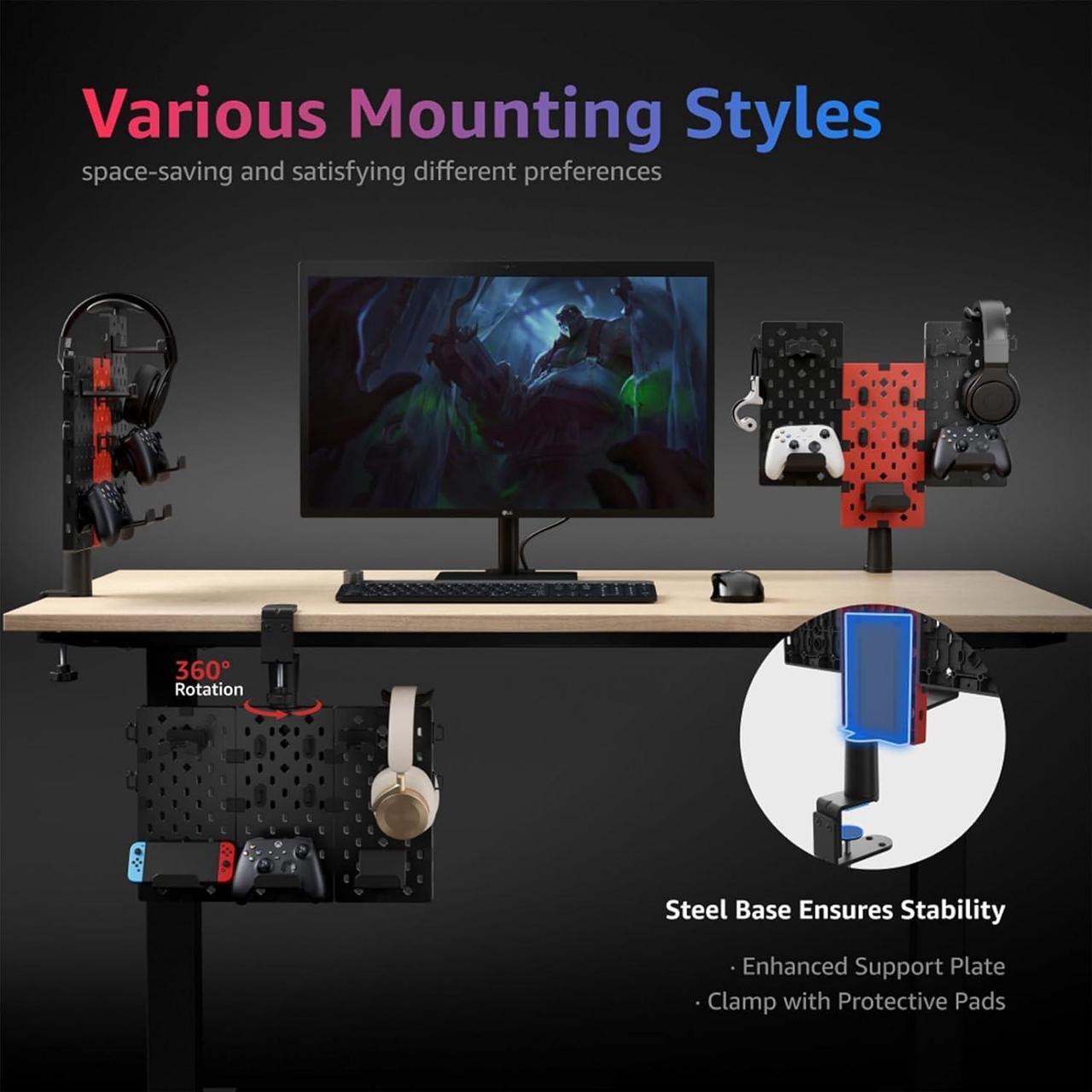 Alt view image 3 of 7 - PEGZONE Modular Headphone and Controller Holder for Game, Clamp-on Pegboard, Rotatable Controller Stand with Cable Hooks, Gaming Accessory for Xbox PS5 PS4 Nintendo Switch, 3Pcs Pegboard, Black