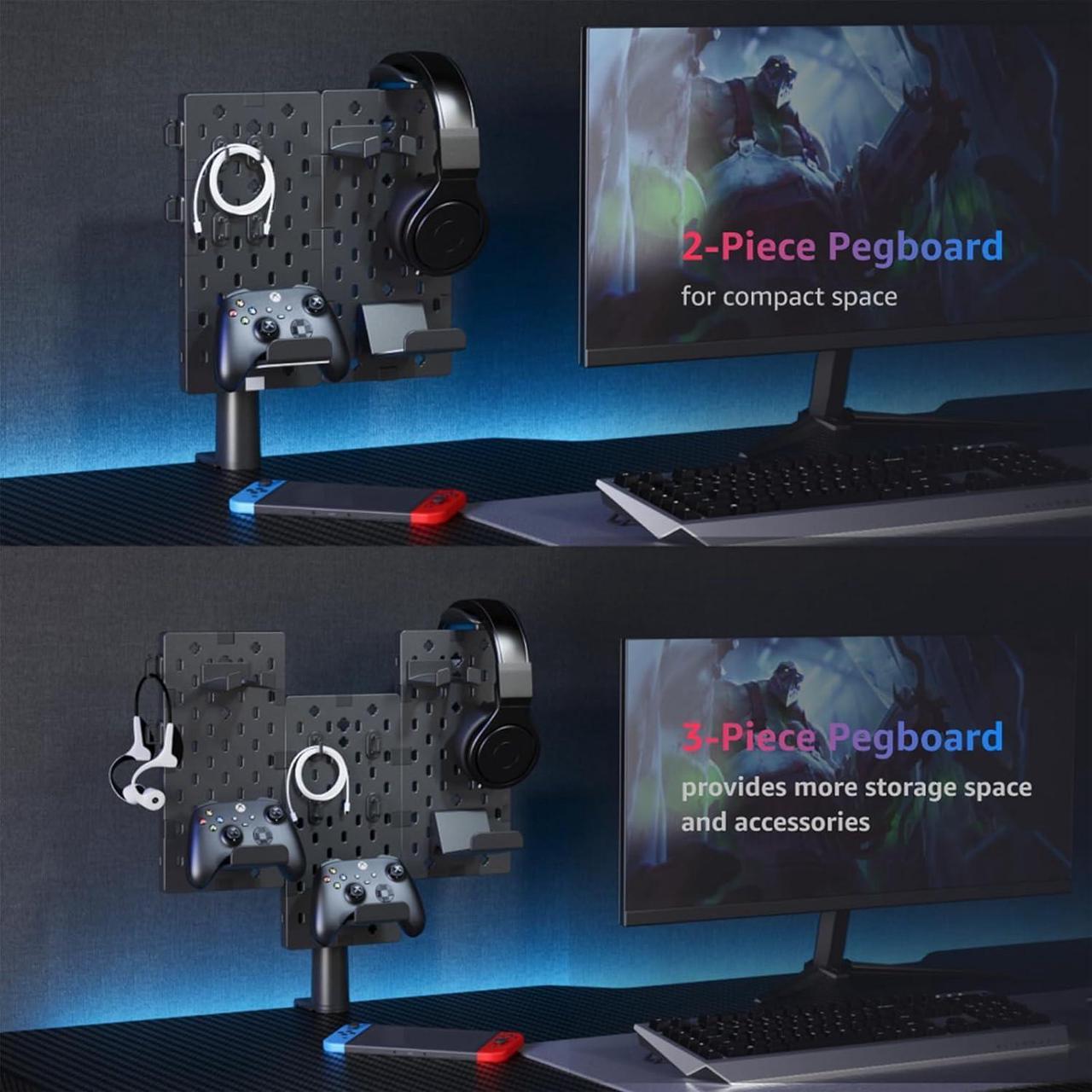Alt view image 5 of 7 - PEGZONE Modular Headphone and Controller Holder for Game, Clamp-on Pegboard, Rotatable Controller Stand with Cable Hooks, Gaming Accessory for Xbox PS5 PS4 Nintendo Switch, 3Pcs Pegboard, Black
