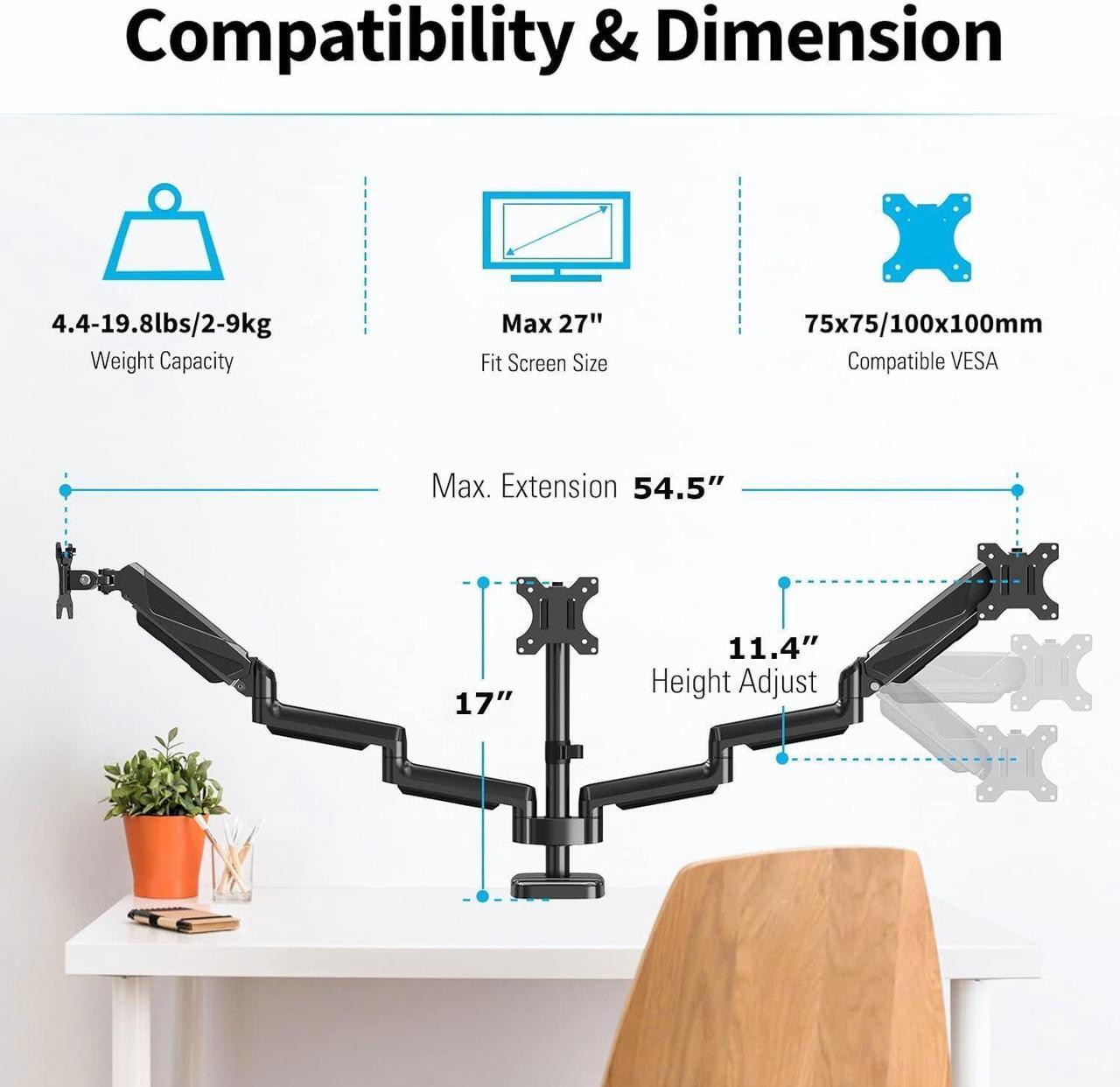 Alt view image 2 of 7 - MOUNTUP Triple Monitor Mount, Three Monitor Desk Mount for Max 27 inch Computer Screens, Triple Monitors Stand with Gas Spring, Monitors Arm with Swivel, Tilt, Rotation, Each Arm Holds Up to 19.8 lbs
