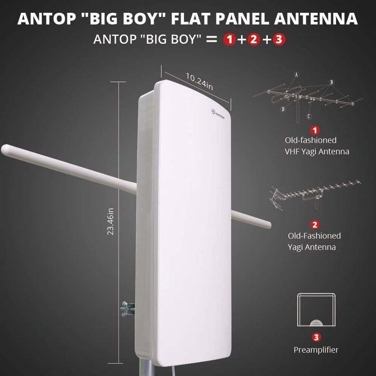 Alt view image 2 of 7 - ANTOP Outdoor/Indoor HDTV Antenna, "Big Boy" Series AT-400BV, Smartpass Amplifier, 85 Miles Range, UHF/VHF Range Enhanced, Support 4K 1080p