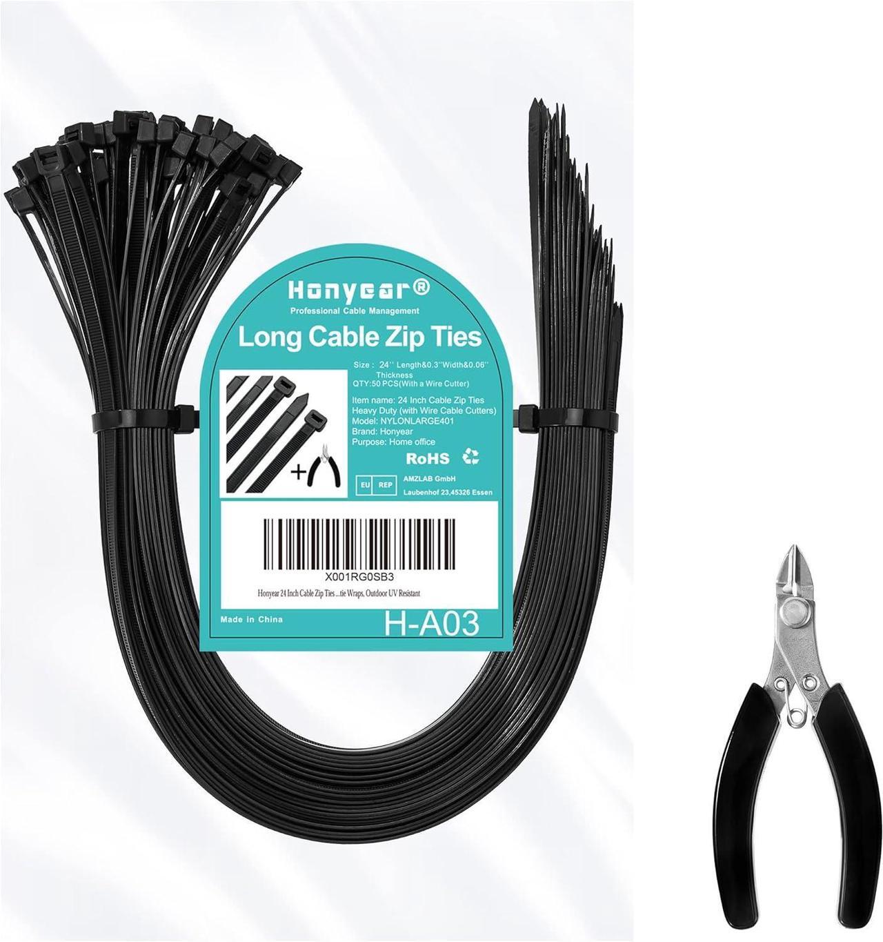 Main image of 24 Inch Cable Zip Ties Heavy Duty (with Wire Cable Cutters), Strong Large Black Zip Ties with 175 Pounds Tensile Strength, 50 Pack, Long Durable Nylon Black tie Wraps, Outdoor UV Resistant