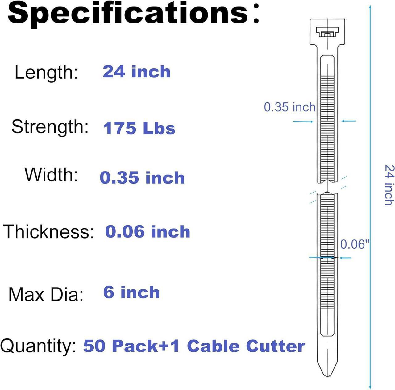 Alt view image 2 of 7 - 24 Inch Cable Zip Ties Heavy Duty (with Wire Cable Cutters), Strong Large Black Zip Ties with 175 Pounds Tensile Strength, 50 Pack, Long Durable Nylon Black tie Wraps, Outdoor UV Resistant