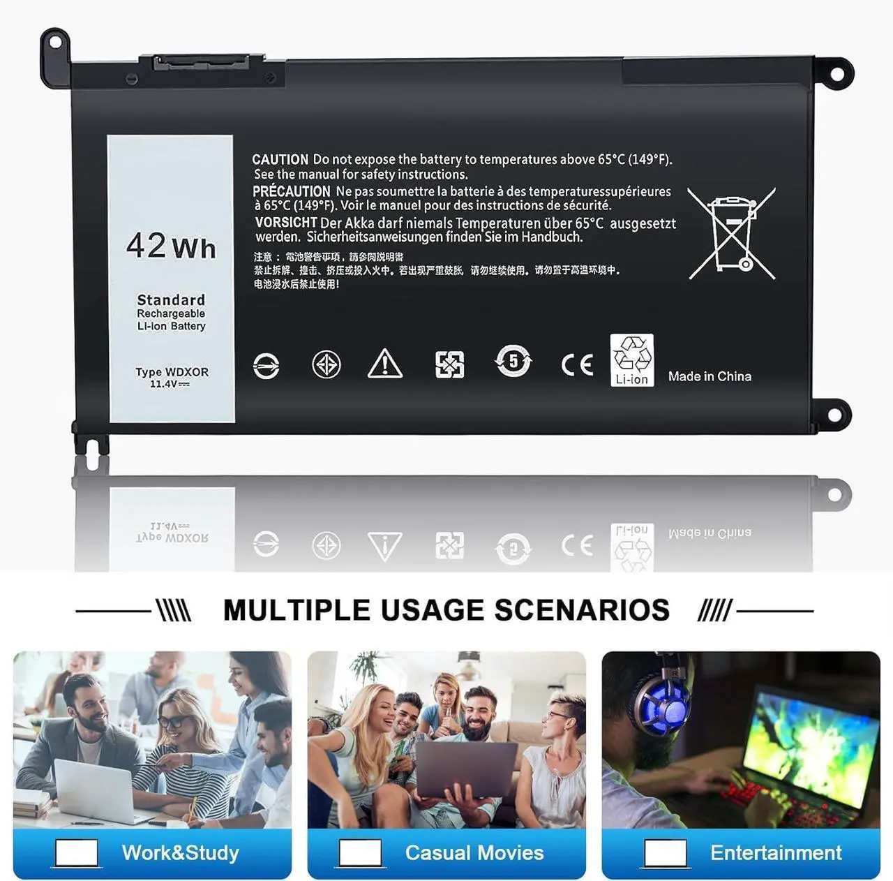 Alt view image 7 of 7 - New Replacement WDX0R Laptop Battery for Dell Inspiron 15 5000 5567 5570 5565 5568 5578 7000 7560 7570 7573 7569 7579 13 5368 5378 7378 17 5765 5767 5770 Series Notebook Battery Fits 3CRH3 T2JX4 FC92N