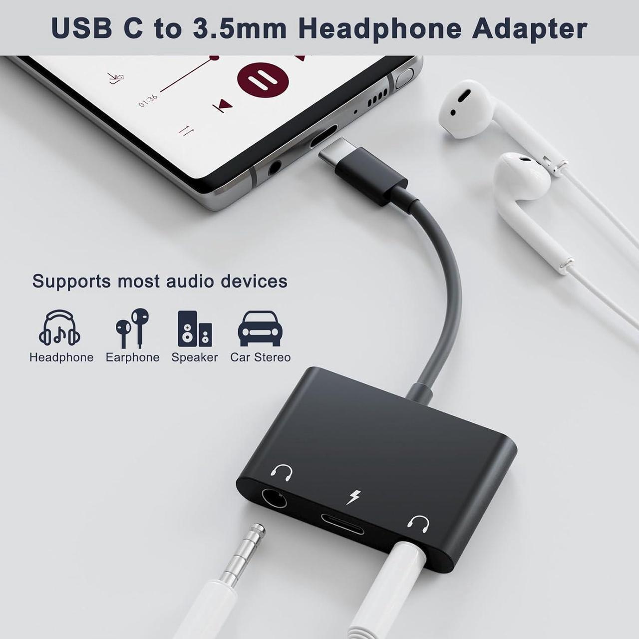 Alt view image 4 of 7 - USB C Headphone Adapter,3 in 1 USBC to 3.5mm Dual Headphone Jack Adapter for Stereo,USB-C Audio Adapter with Type-c Fast Charging Port,Headphone Splitter Compatible iPad Pro,Samsung,Google
