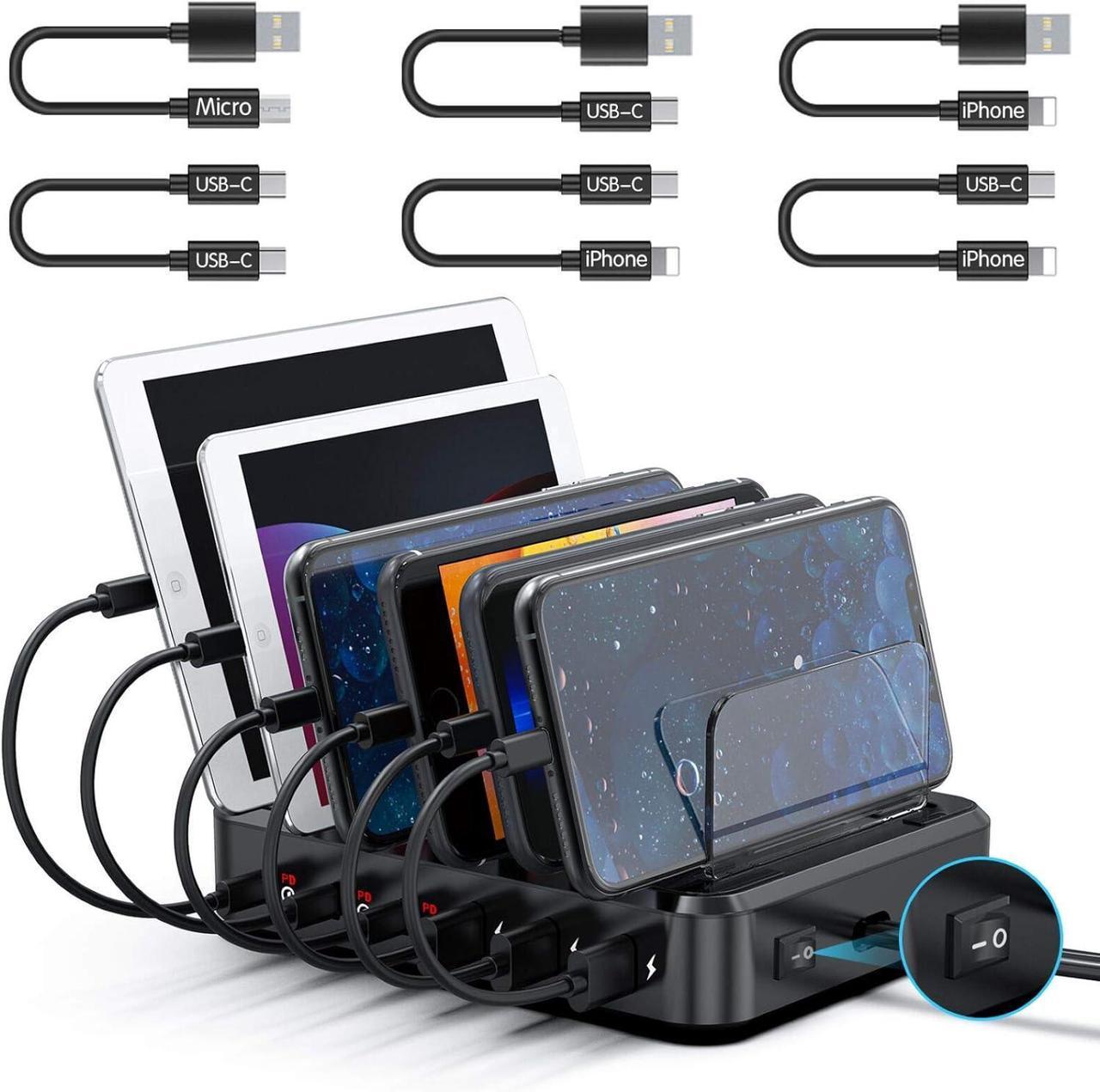 Main image of COSOOS PD USB-C Charging Station, 81 W 6-Port USB Charging Station for Multiple Devices with 3 PD 20 W USB-C Charger & 6 Mixed Short Cables, Fast Multi USB Charger Station