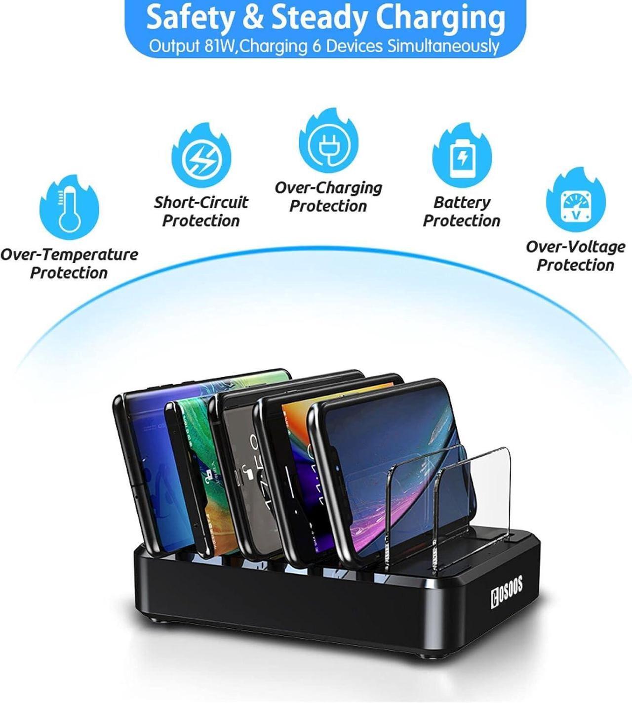 Alt view image 5 of 7 - COSOOS PD USB-C Charging Station, 81 W 6-Port USB Charging Station for Multiple Devices with 3 PD 20 W USB-C Charger & 6 Mixed Short Cables, Fast Multi USB Charger Station
