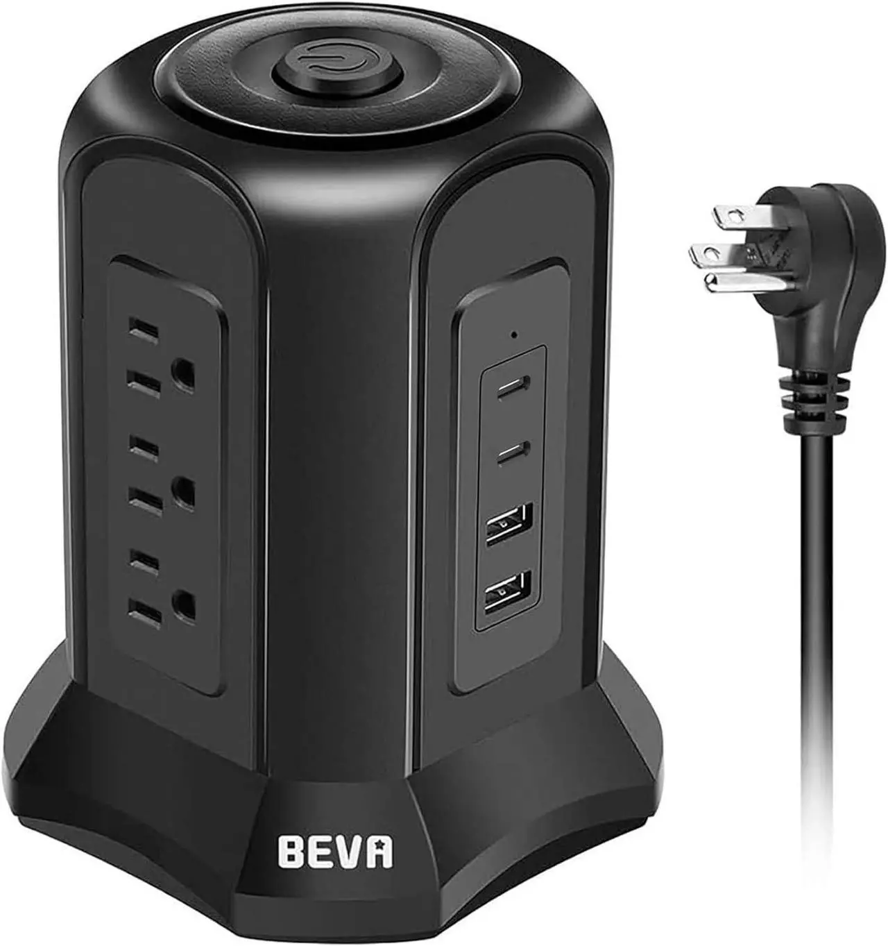 Main image of Power Strip Tower Surge Protector BEVA 10ft Flat Plug Desktop Charging Station 9 AC Outlets 4 USB Ports, 900 Joules, Long Extension Cord for Home Office Appliances Smartphones Computer Tablets(Black)