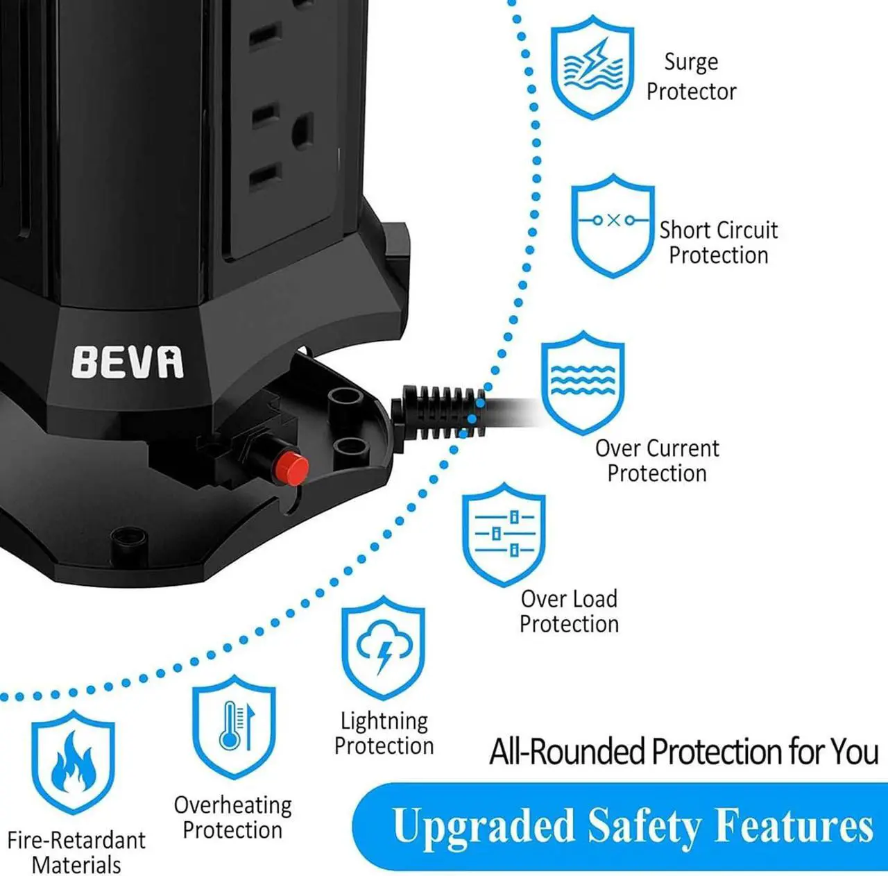 Alt view image 3 of 7 - Power Strip Tower Surge Protector BEVA 10ft Flat Plug Desktop Charging Station 9 AC Outlets 4 USB Ports, 900 Joules, Long Extension Cord for Home Office Appliances Smartphones Computer Tablets(Black)