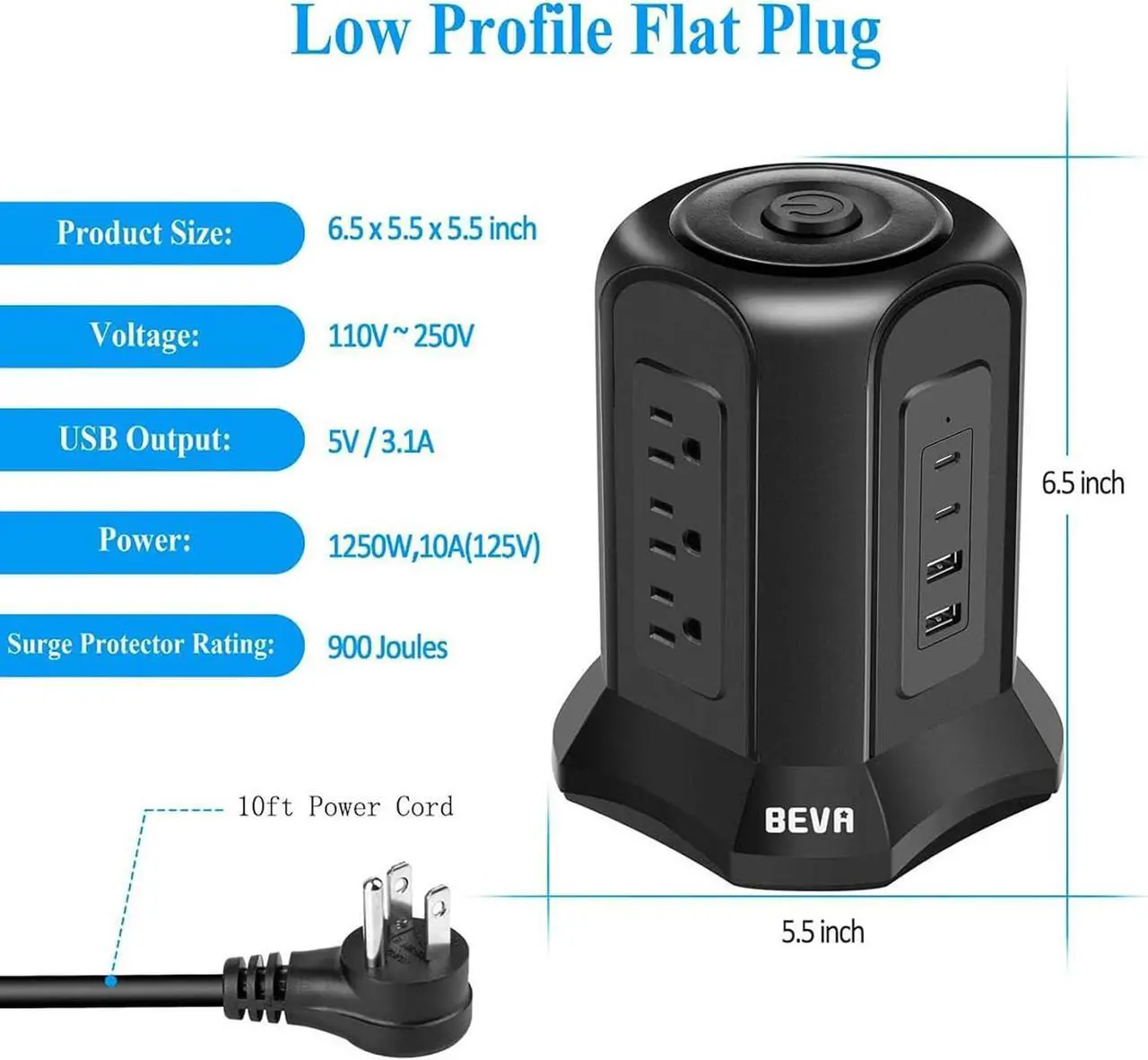 Alt view image 5 of 7 - Power Strip Tower Surge Protector BEVA 10ft Flat Plug Desktop Charging Station 9 AC Outlets 4 USB Ports, 900 Joules, Long Extension Cord for Home Office Appliances Smartphones Computer Tablets(Black)