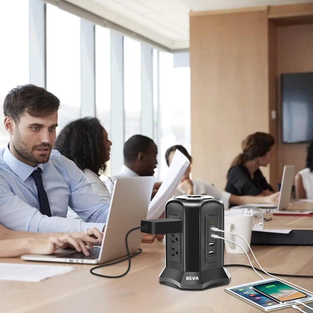 Alt view image 6 of 7 - Power Strip Tower Surge Protector BEVA 10ft Flat Plug Desktop Charging Station 9 AC Outlets 4 USB Ports, 900 Joules, Long Extension Cord for Home Office Appliances Smartphones Computer Tablets(Black)