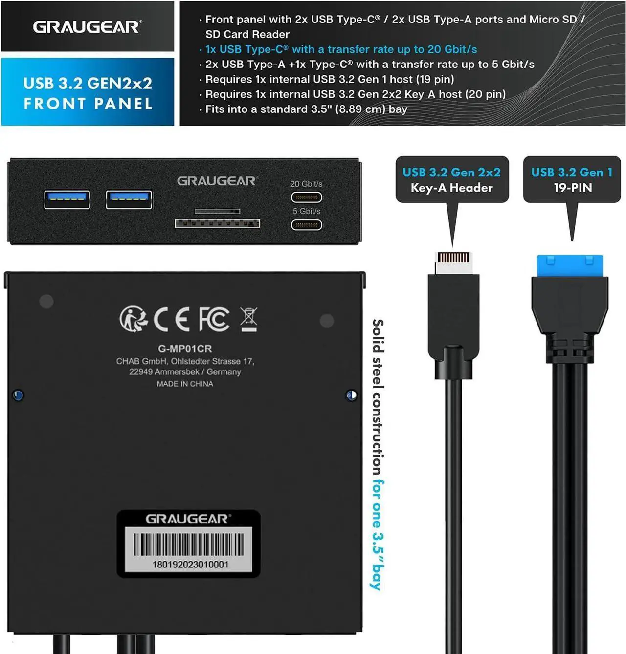 Alt view image 2 of 7 - GRAUGEAR 3.5 Inch Front Panel USB C Hub, SD/microSD Internal Card Reader, 20Gbps USB 3.2 Gen 2x2, USB3.2 Type-E Key-A 20-Pin Header & USB3.0 Header & 15-Pin SATA Power Connector Required [G-MP01CR]