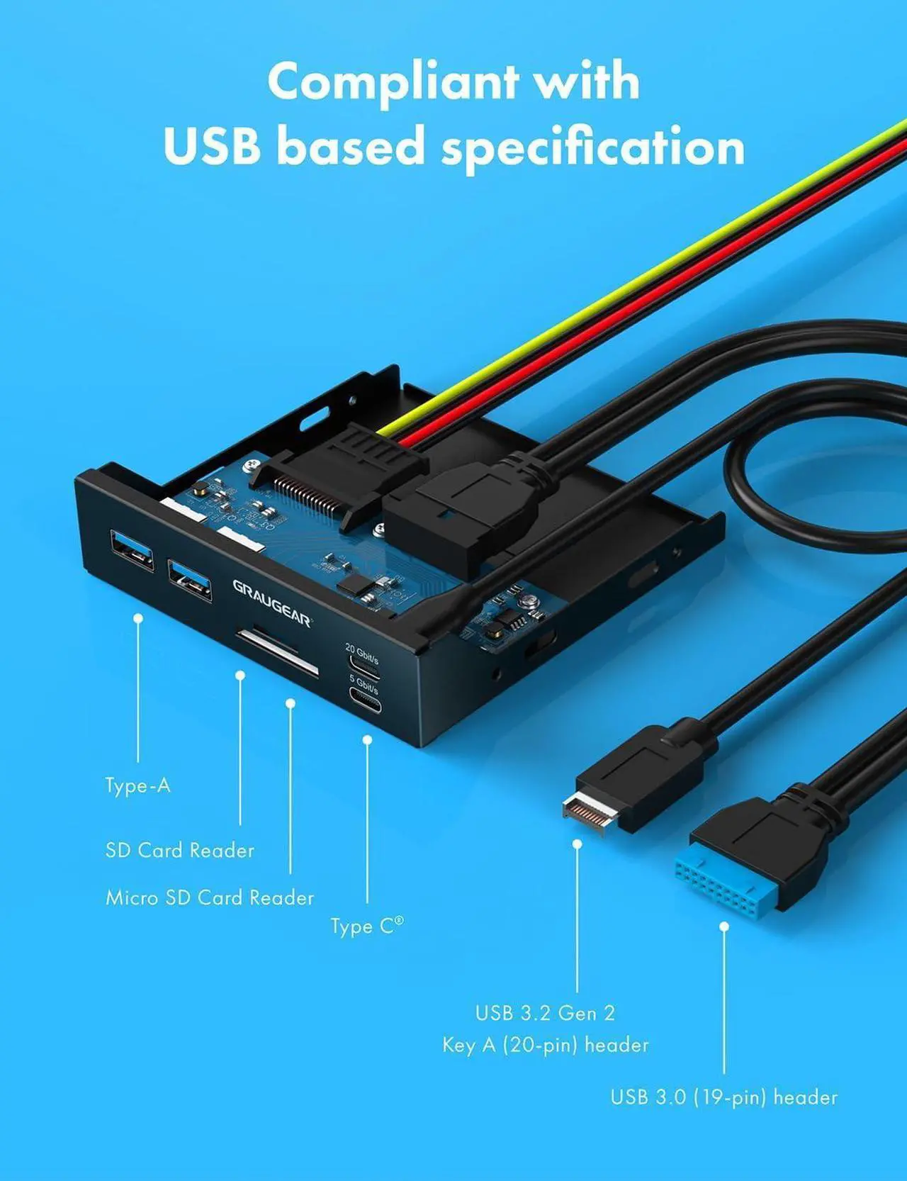 Alt view image 6 of 7 - GRAUGEAR 3.5 Inch Front Panel USB C Hub, SD/microSD Internal Card Reader, 20Gbps USB 3.2 Gen 2x2, USB3.2 Type-E Key-A 20-Pin Header & USB3.0 Header & 15-Pin SATA Power Connector Required [G-MP01CR]