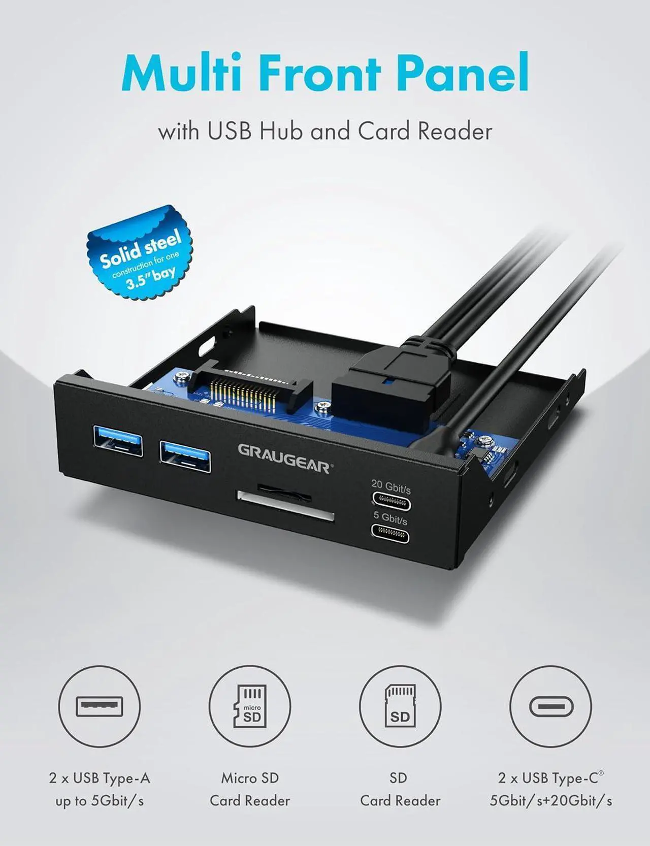 Alt view image 7 of 7 - GRAUGEAR 3.5 Inch Front Panel USB C Hub, SD/microSD Internal Card Reader, 20Gbps USB 3.2 Gen 2x2, USB3.2 Type-E Key-A 20-Pin Header & USB3.0 Header & 15-Pin SATA Power Connector Required [G-MP01CR]