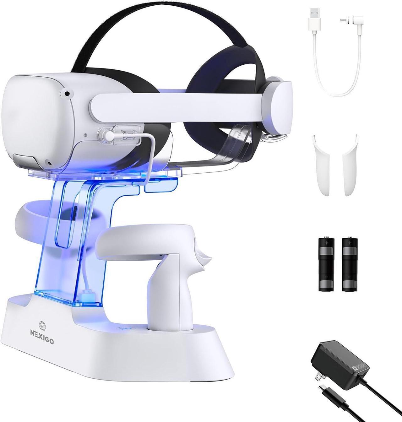 Main image of NexiGo Enhanced Charging Dock with LED Light [On/Off] for Oculus Quest 2, [Support Elite Strap with Battery], Headset Display Holder and Controller Mount, 2 Rechargeable Batteries, USB-C Charger