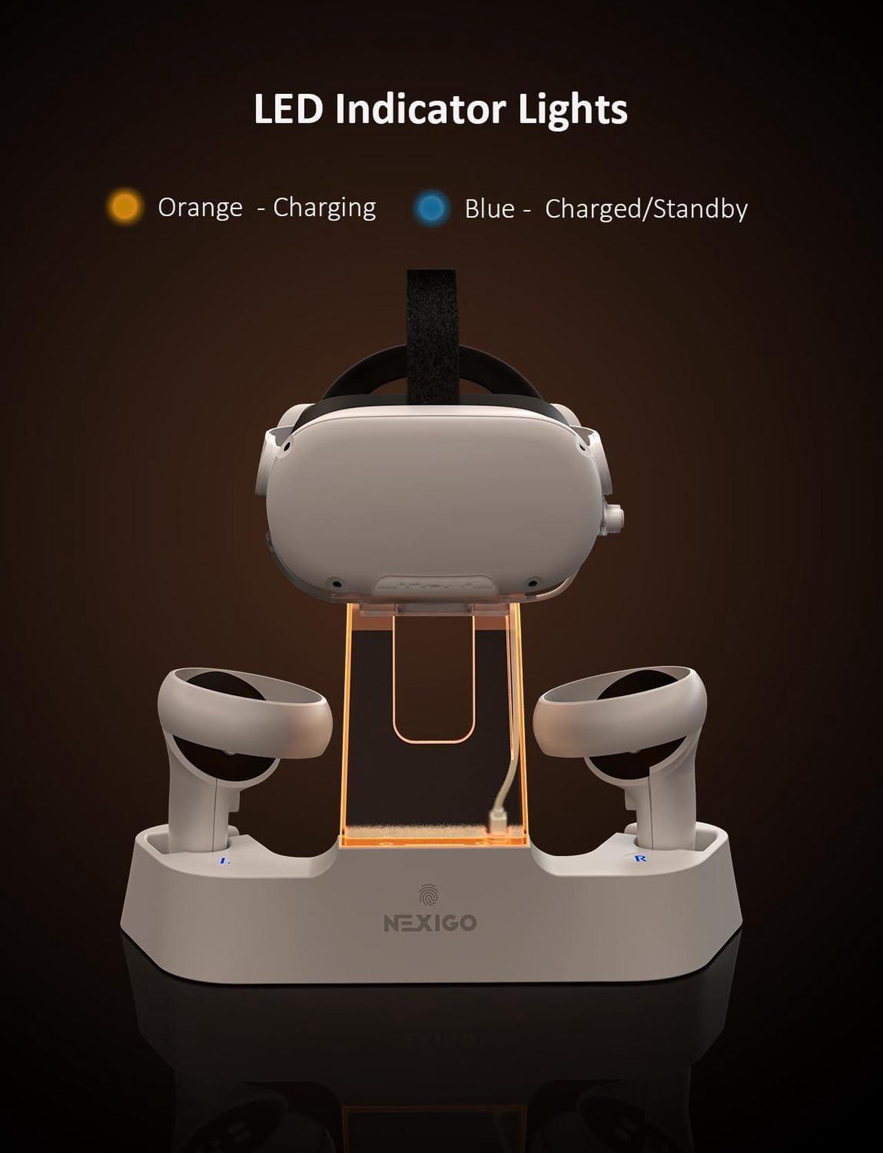 Alt view image 3 of 7 - NexiGo Enhanced Charging Dock with LED Light [On/Off] for Oculus Quest 2, [Support Elite Strap with Battery], Headset Display Holder and Controller Mount, 2 Rechargeable Batteries, USB-C Charger