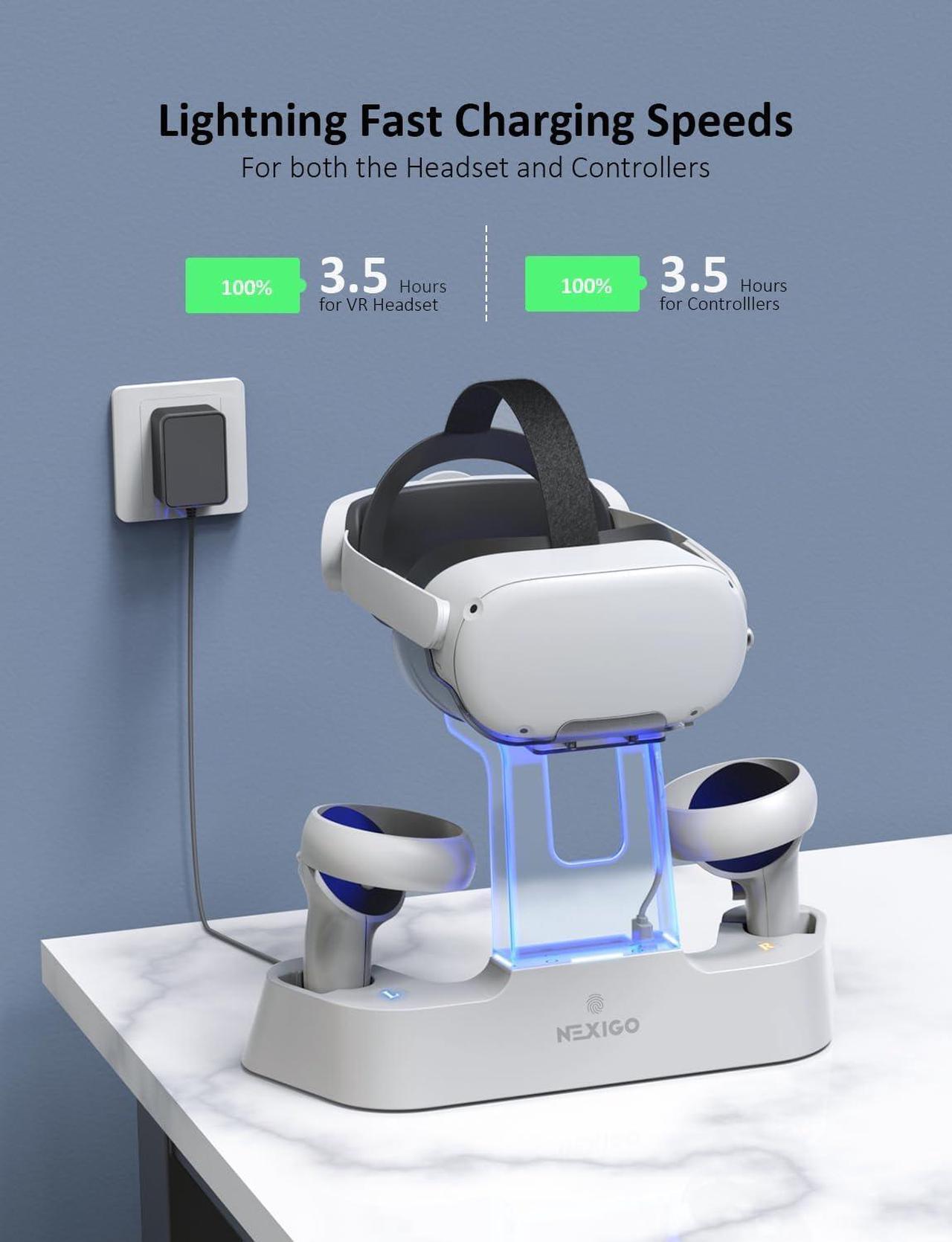 Alt view image 2 of 7 - NexiGo Enhanced Charging Dock with LED Light [On/Off] for Oculus Quest 2, [Support Elite Strap with Battery], Headset Display Holder and Controller Mount, 2 Rechargeable Batteries, USB-C Charger