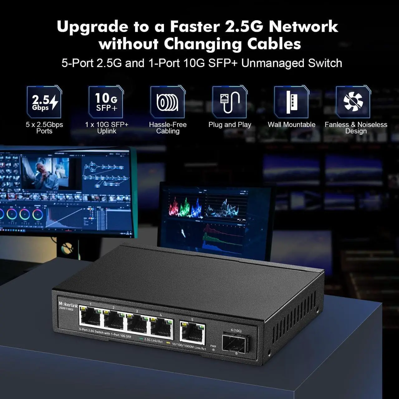 Alt view image 2 of 7 - MokerLink 5 Port 2.5G Ethernet Switch with 10G SFP, 5 x 2.5G Base-T Ports Compatible with 10/100/1000Mbps, Metal Unmanaged Fanless Network Switch