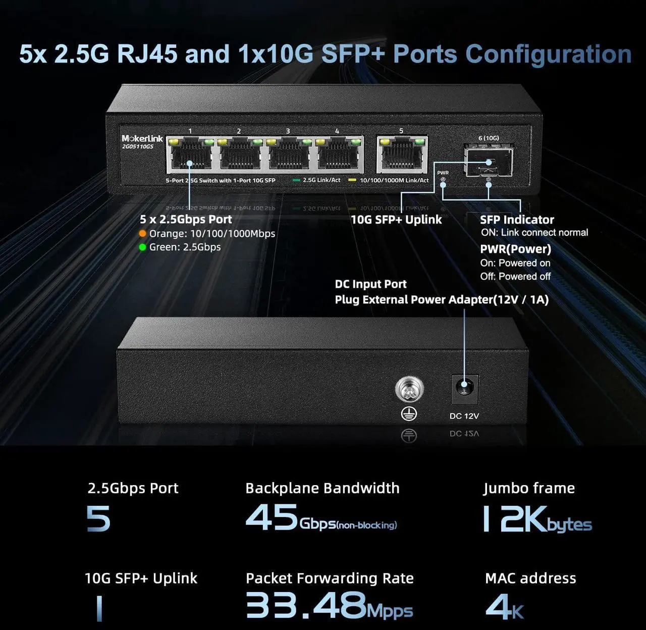 Alt view image 4 of 7 - MokerLink 5 Port 2.5G Ethernet Switch with 10G SFP, 5 x 2.5G Base-T Ports Compatible with 10/100/1000Mbps, Metal Unmanaged Fanless Network Switch