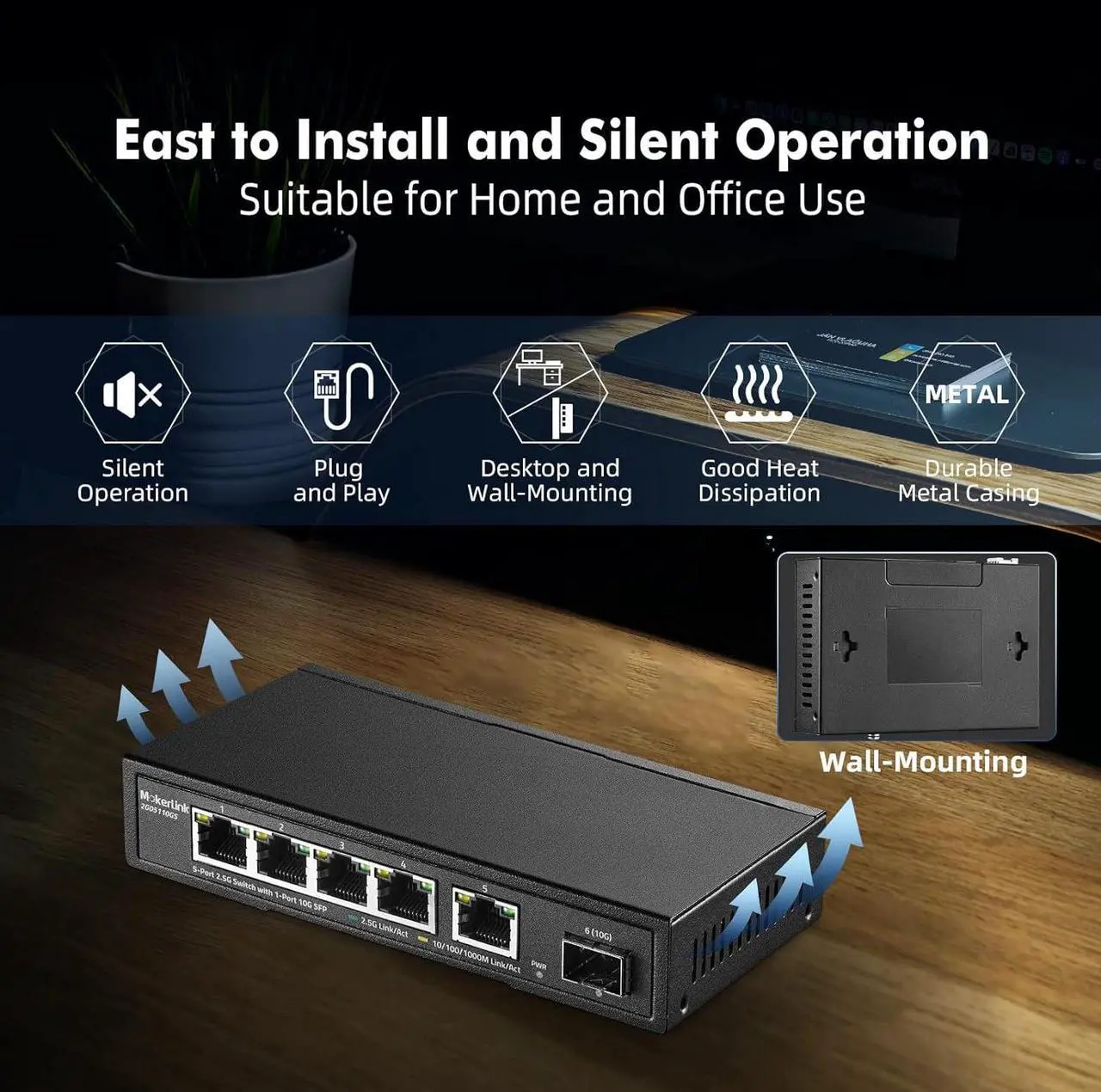 Alt view image 6 of 7 - MokerLink 5 Port 2.5G Ethernet Switch with 10G SFP, 5 x 2.5G Base-T Ports Compatible with 10/100/1000Mbps, Metal Unmanaged Fanless Network Switch