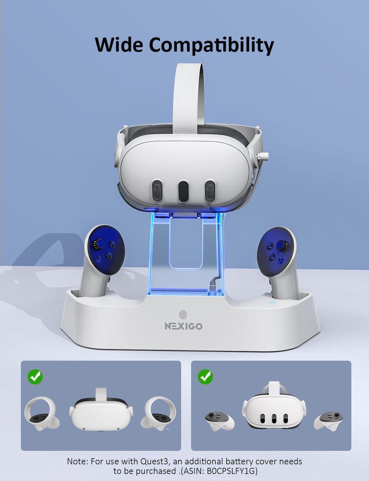 Alt view image 7 of 7 - NexiGo Enhanced Charging Dock with LED Light [On/Off] for Oculus Quest 2, [Support Elite Strap with Battery], Headset Display Holder and Controller Mount, 2 Rechargeable Batteries, USB-C Charger