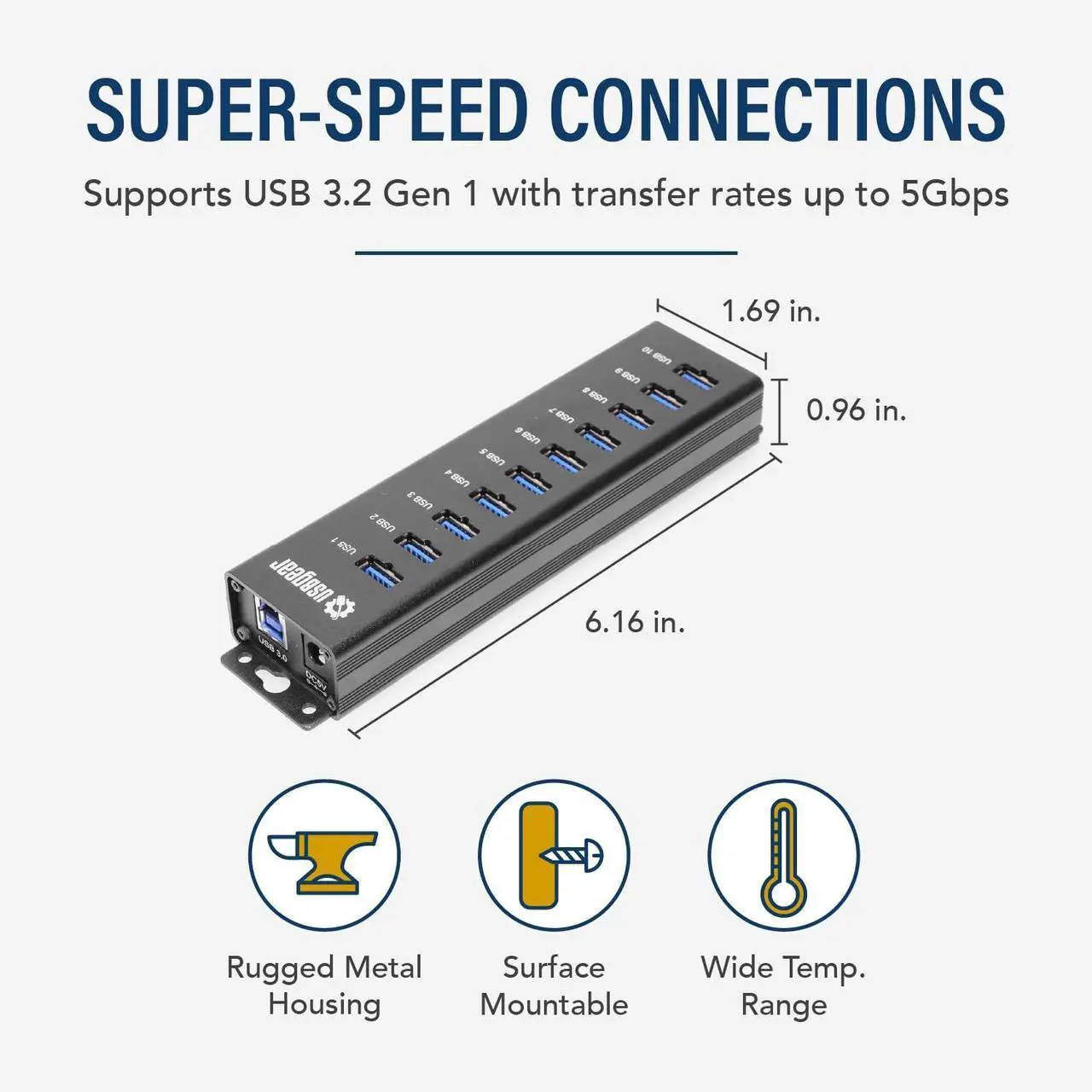 Alt view image 2 of 6 - 10-Port USB 3.2 Gen 1 Mountable Charging and SuperSpeed Data Hub with 5V/2A Power Adapter and USB Type-A to Type-B Cable Up to 900mA per Port Charging Function Wall and Surface Mounting