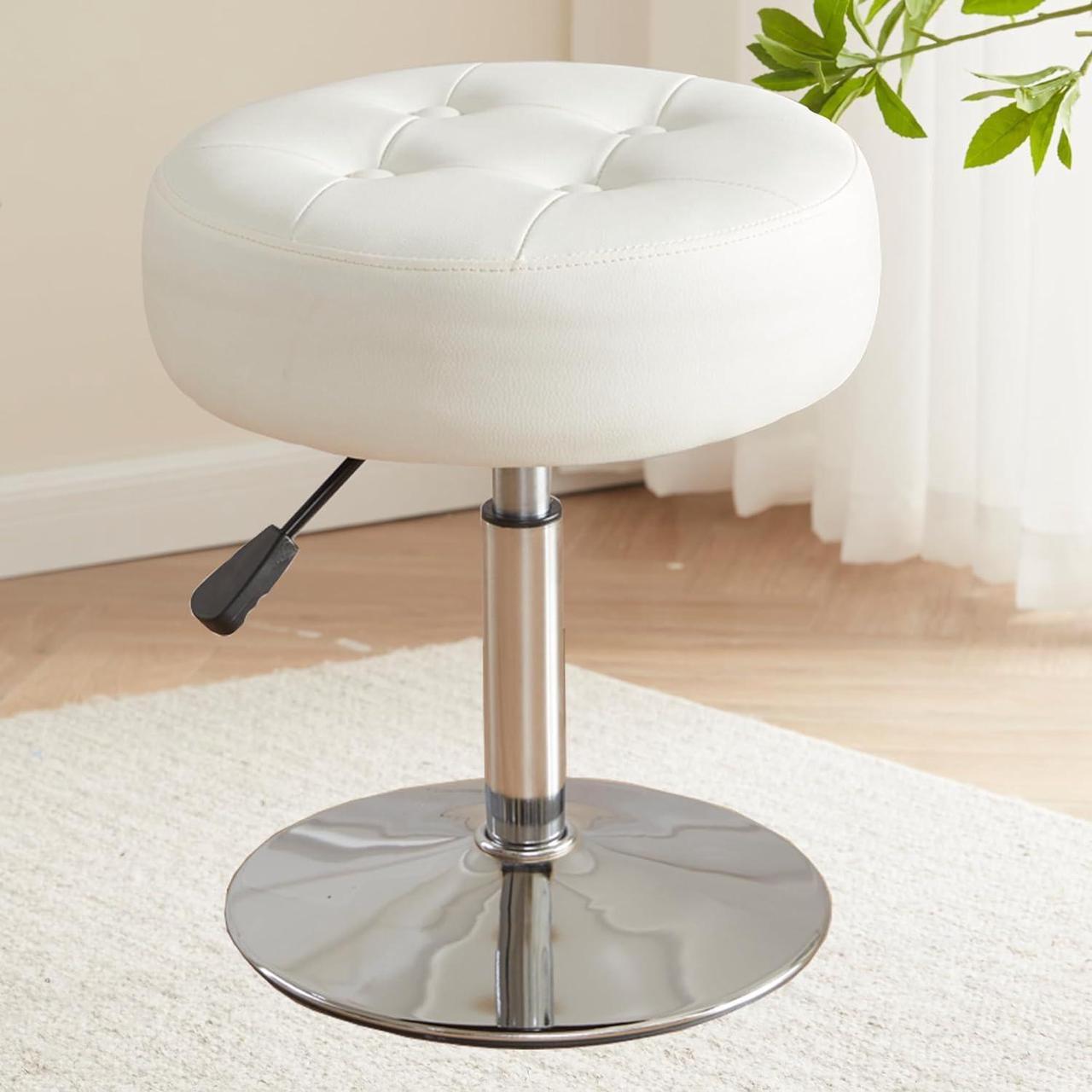 Alt view image 3 of 4 - White Vanity Chair for Makeup Room Round Ottoman Tufted PU Leather Makeup Chair Vanity Stools for Bathroom Height Adjustable 360 Swivel