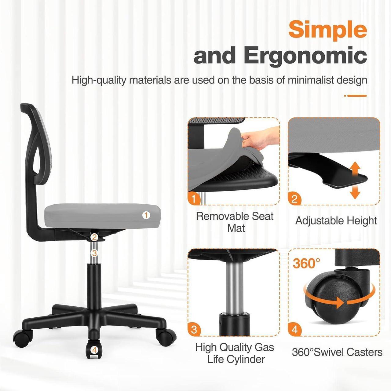 Alt view image 5 of 7 - Armless Small Home Office Desk Chair, Ergonomic Low Back Computer Chair, Adjustable Rolling Swivel Task Chair with Lumbar Support for Small Space, 1 Pack, Grey