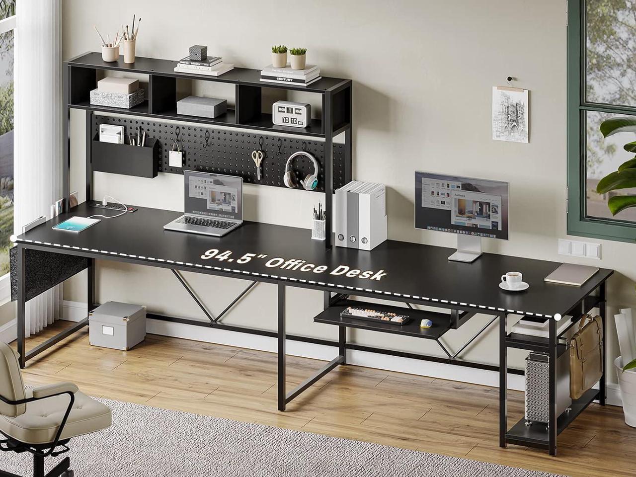 Alt view image 2 of 7 - SEDETA L Shaped Gaming Desk, Reversible Computer Desk with Power Outlet and Pegboard, Gaming Desk with Led Lights, Keyboard Tray and Storage Bag for Home Office, Black