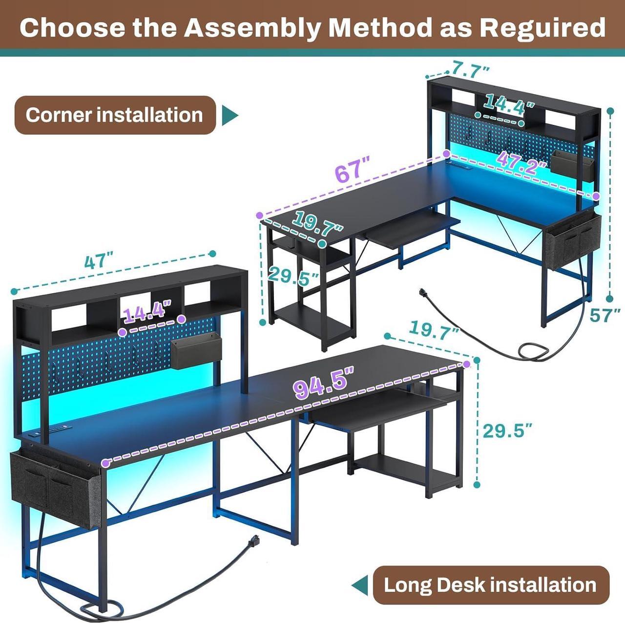 Alt view image 3 of 7 - SEDETA L Shaped Gaming Desk, Reversible Computer Desk with Power Outlet and Pegboard, Gaming Desk with Led Lights, Keyboard Tray and Storage Bag for Home Office, Black