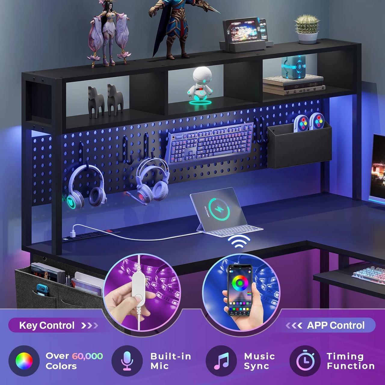 Alt view image 4 of 7 - SEDETA L Shaped Gaming Desk, Reversible Computer Desk with Power Outlet and Pegboard, Gaming Desk with Led Lights, Keyboard Tray and Storage Bag for Home Office, Black