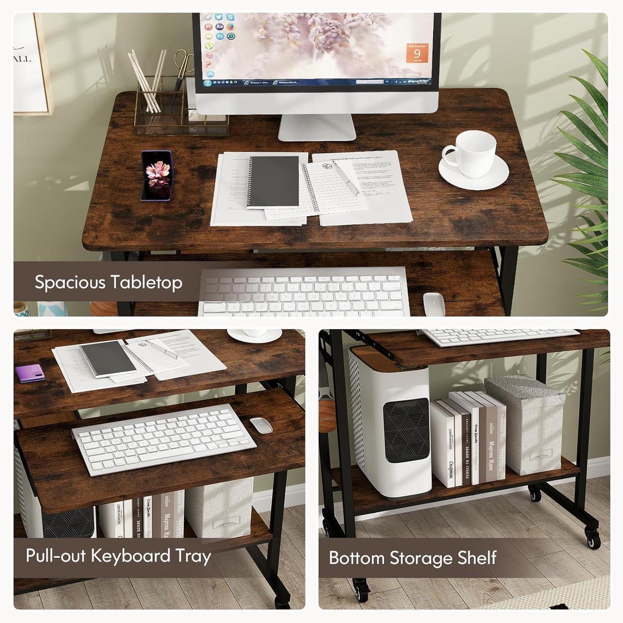 Alt view image 6 of 7 - Tangkula Rolling Computer Desk Cart with Keyboard Tray, Mobile Portable Laptop PC Desk with CPU Stand & 3 Hooks for Sofa & Bed, Industrial Small Desk on Wheels for Small Spaces, Home Office Desk